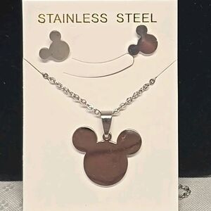 Disney Mickey Mouse Face Silver Pendant Necklace Stud Earring Set Jewelry